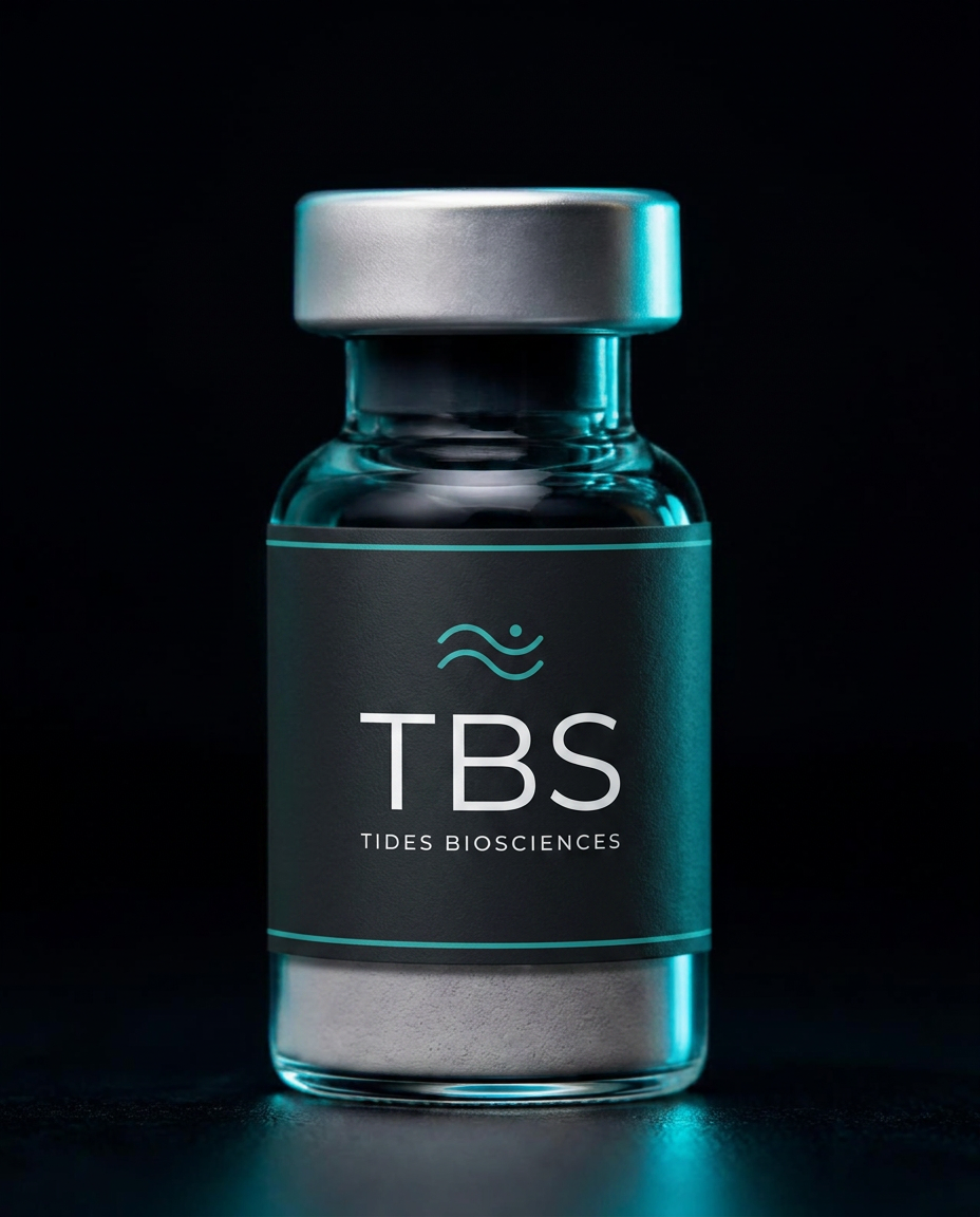 TBS branded Tides Biosciences research peptide vial, lyophilized and nitrogen sealed